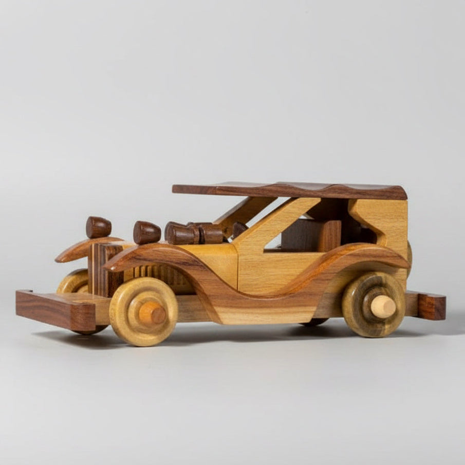 Wooden car in a reflective surface with beautiful plant at the backgrpound
